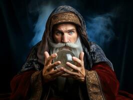 Man telling from a crystal ball dressed as a mysterious fortune teller AI Generative photo