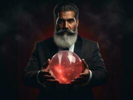 Man telling from a crystal ball dressed as a mysterious fortune teller AI Generative photo