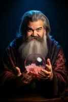 Man telling from a crystal ball dressed as a mysterious fortune teller AI Generative photo