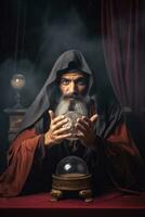 Man telling from a crystal ball dressed as a mysterious fortune teller AI Generative photo