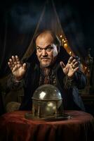 Man telling from a crystal ball dressed as a mysterious fortune teller AI Generative photo