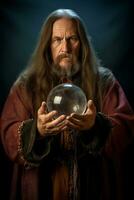 Man telling from a crystal ball dressed as a mysterious fortune teller AI Generative photo