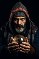 Man telling from a crystal ball dressed as a mysterious fortune teller AI Generative photo