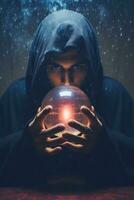 Man telling from a crystal ball dressed as a mysterious fortune teller AI Generative photo