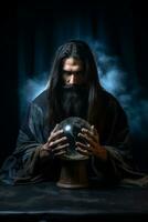 Man telling from a crystal ball dressed as a mysterious fortune teller AI Generative photo