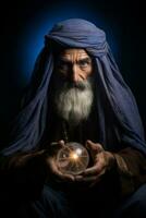 Man telling from a crystal ball dressed as a mysterious fortune teller AI Generative photo