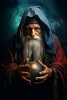 Man telling from a crystal ball dressed as a mysterious fortune teller AI Generative photo