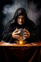 Man telling from a crystal ball dressed as a mysterious fortune teller AI Generative photo