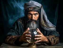 Man telling from a crystal ball dressed as a mysterious fortune teller AI Generative photo