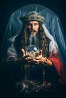 Man telling from a crystal ball dressed as a mysterious fortune teller AI Generative photo