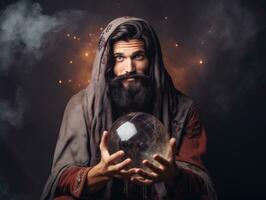 Man telling from a crystal ball dressed as a mysterious fortune teller AI Generative photo