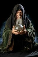 Man telling from a crystal ball dressed as a mysterious fortune teller AI Generative photo