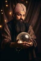 Man telling from a crystal ball dressed as a mysterious fortune teller AI Generative photo