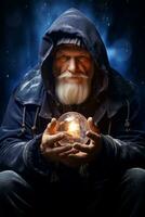 Man telling from a crystal ball dressed as a mysterious fortune teller AI Generative photo