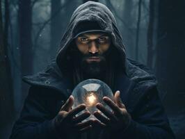 Man telling from a crystal ball dressed as a mysterious fortune teller AI Generative photo