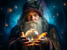 Man telling from a crystal ball dressed as a mysterious fortune teller AI Generative photo