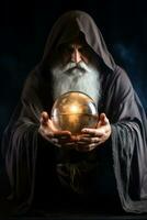 Man telling from a crystal ball dressed as a mysterious fortune teller AI Generative photo