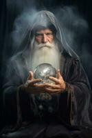 Man telling from a crystal ball dressed as a mysterious fortune teller AI Generative photo