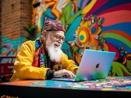 Old Colombian man working on a laptop in a vibrant urban setting AI Generative photo