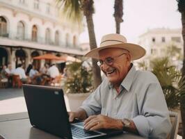 Old Colombian man working on a laptop in a vibrant urban setting AI Generative photo