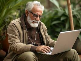 Old Colombian man working on a laptop in a vibrant urban setting AI Generative photo