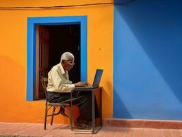 Old Colombian man working on a laptop in a vibrant urban setting AI Generative photo