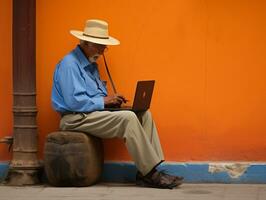 Old Colombian man working on a laptop in a vibrant urban setting AI Generative photo