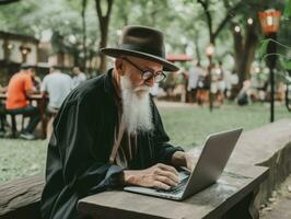 Old Colombian man working on a laptop in a vibrant urban setting AI Generative photo