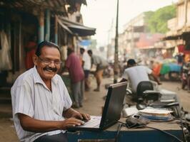 Old Colombian man working on a laptop in a vibrant urban setting AI Generative photo