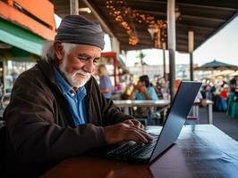 Old Colombian man working on a laptop in a vibrant urban setting AI Generative photo