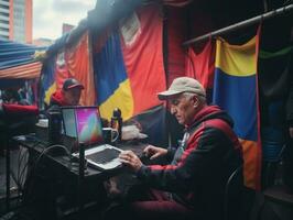 Old Colombian man working on a laptop in a vibrant urban setting AI Generative photo