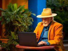 Old Colombian man working on a laptop in a vibrant urban setting AI Generative photo