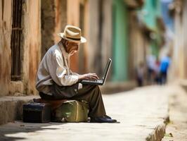 Old Colombian man working on a laptop in a vibrant urban setting AI Generative photo