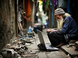 Old Colombian man working on a laptop in a vibrant urban setting AI Generative photo