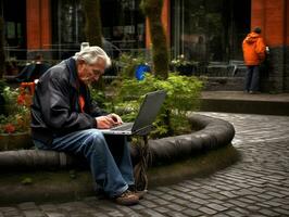 Old Colombian man working on a laptop in a vibrant urban setting AI Generative photo