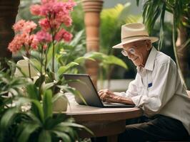 Old Colombian man working on a laptop in a vibrant urban setting AI Generative photo