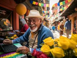 Old Colombian man working on a laptop in a vibrant urban setting AI Generative photo