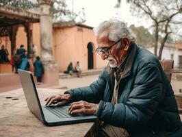 Old Colombian man working on a laptop in a vibrant urban setting AI Generative photo