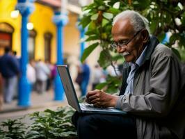 Old Colombian man working on a laptop in a vibrant urban setting AI Generative photo