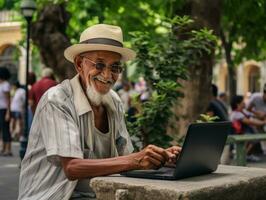 Old Colombian man working on a laptop in a vibrant urban setting AI Generative photo