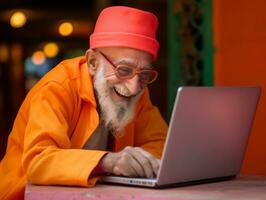Old Colombian man working on a laptop in a vibrant urban setting AI Generative photo