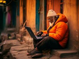 Old Colombian man working on a laptop in a vibrant urban setting AI Generative photo