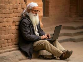 Old Colombian man working on a laptop in a vibrant urban setting AI Generative photo