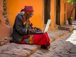 Old Colombian man working on a laptop in a vibrant urban setting AI Generative photo
