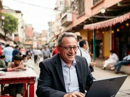 Old Colombian man working on a laptop in a vibrant urban setting AI Generative photo