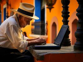 Old Colombian man working on a laptop in a vibrant urban setting AI Generative photo