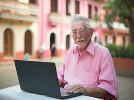 Old Colombian man working on a laptop in a vibrant urban setting AI Generative photo