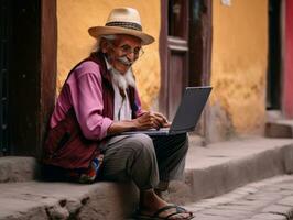 Old Colombian man working on a laptop in a vibrant urban setting AI Generative photo