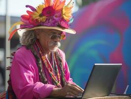 Old Colombian man working on a laptop in a vibrant urban setting AI Generative photo