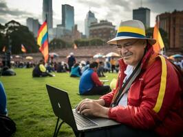 Old Colombian man working on a laptop in a vibrant urban setting AI Generative photo